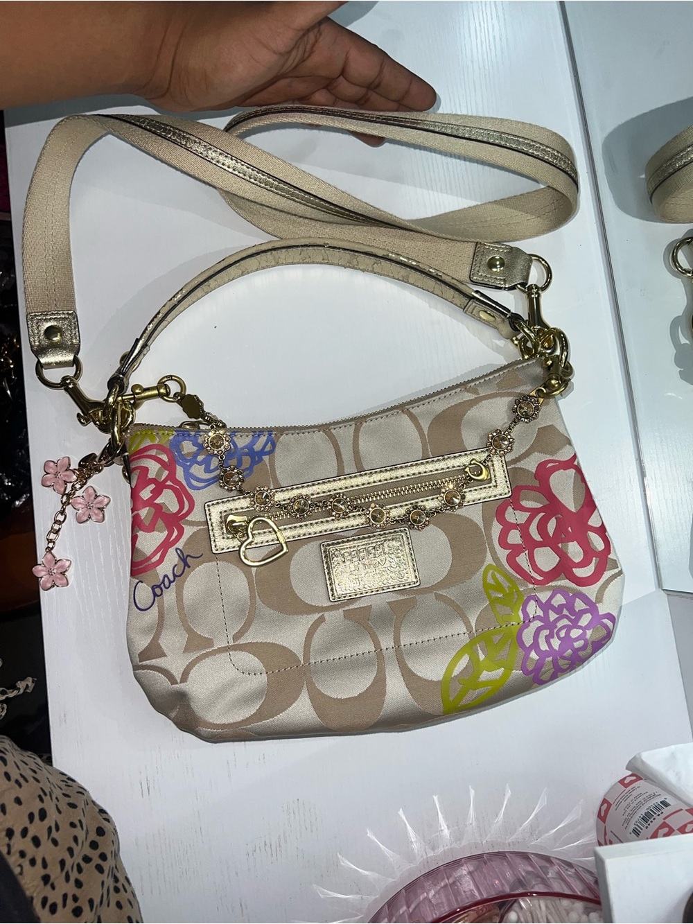 Coach Beige Signature Canvas Shoulder Bag with Multicolor Floral Accents